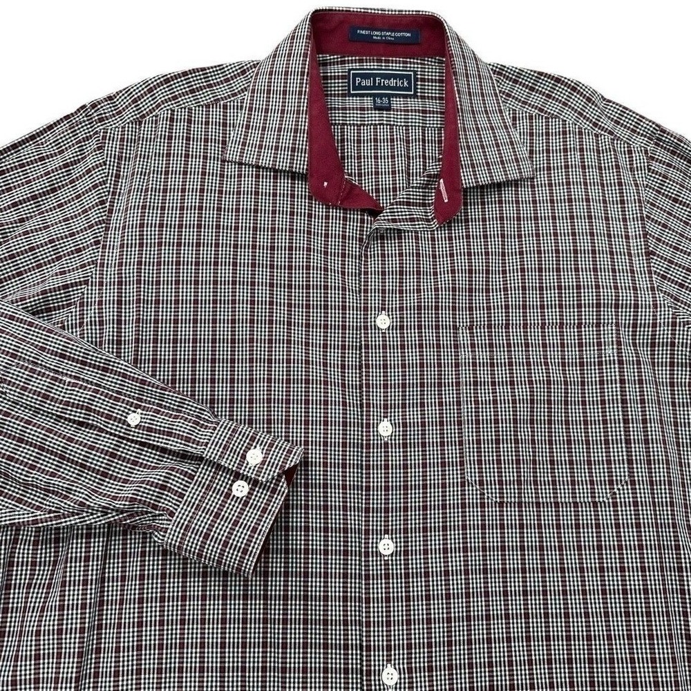 Paul Fredrick‎ Dress Shirt Finest Long Staple Black Gingham Plaid Men's 16 - 35